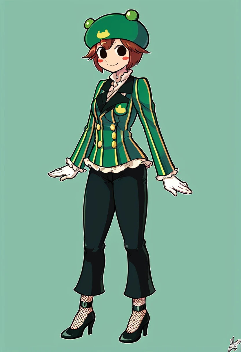 score_9, score_8_up, score_7_up, score_6_up, BREAK, 1girl, solo, ribitta, green headwear, green jacket, striped jacket, frills, black pants, white gloves, fishnets, black pantyhose, high heels, standing, smile, empty eyes, blush stickers<lora:EMS-437157-EMS:1.000000>