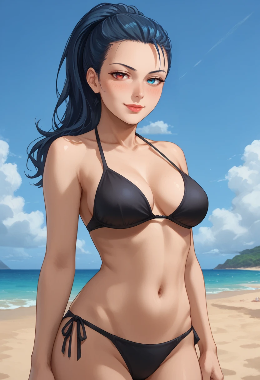 score_9, score_8_up, score_7_up,
best quality, masterpiece, ultra detailed,
<lora:Expressive_H:1>, 28 years old, mature, blush, posing, stylish pose, smug face,
looking at viewer, 
<lora:Everlasting_Summer_Viola:0.7>, viola, ponytail hair, heterochromia eyes, left eye red, blue eye blue, blue eyes, heterochromia, ponytail, red eyes, black hair, blue hair, , milf woman solo, 
lips, nose,
black , 
dutch angle, from below,
amazing background, beach,