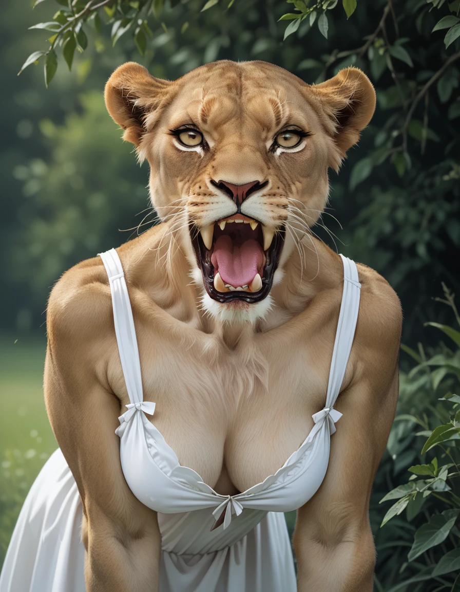 score_9, score_8_up, score_7_up, score_6_up, score_5_up, score_4_up, furry, hud_af_l1oness, solo, whiskers, outdoors, breasts, dress, bent over, <lora:africanlioness-000009:0.7>, outdoors, upper body, makeup, lipstick, screaming, open mouth, fangs, looking at viewer