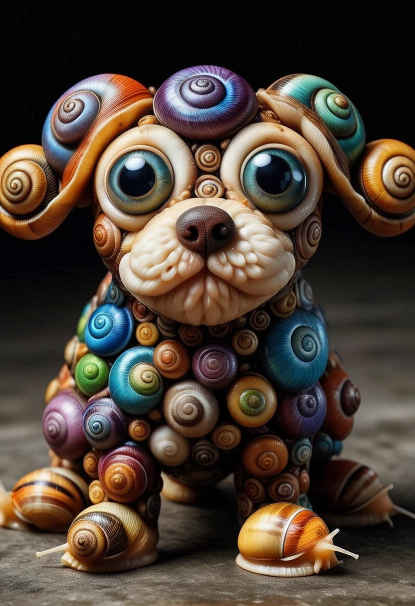 SN41LS, a cute dog is made of colorful snails, detailed face, (big eyes:0.9), detailed eyes, ,Masterpiece,best quality, raw photo, realistic, very aesthetic