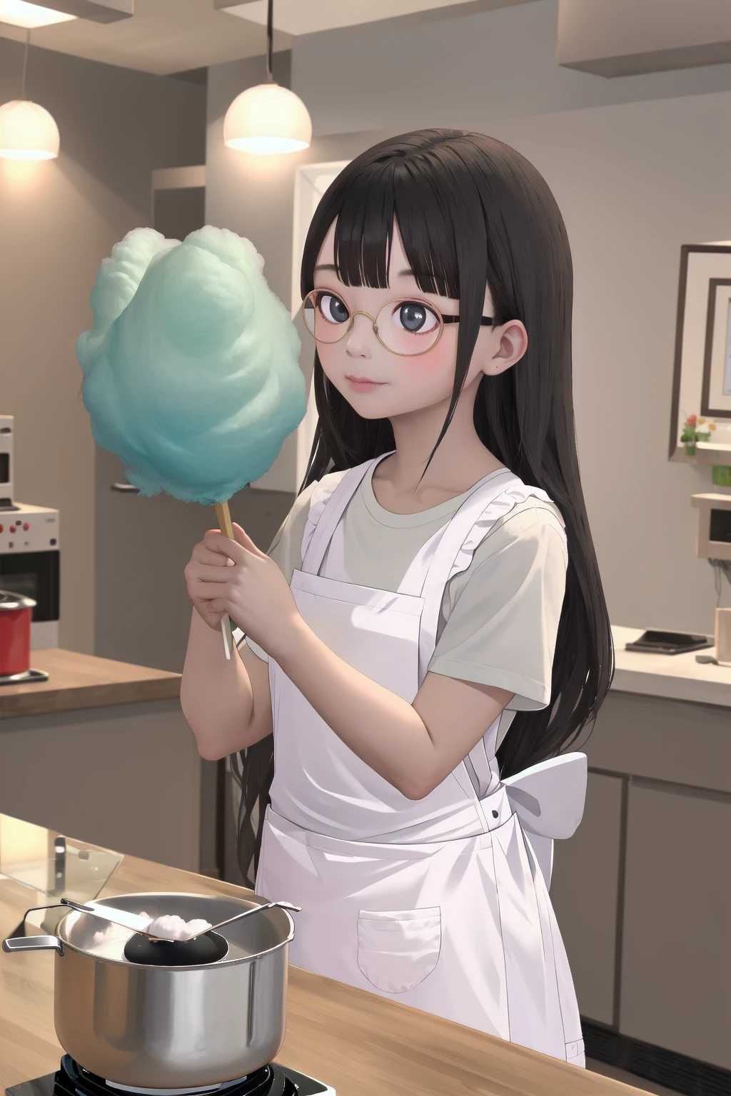 masterpiece, best quality, very aesthetic, absurdres, 
cotton candy, 1girl, solo, glasses, black hair, solo, long hair, apron, indoors, holding, shirt, food, white shirt, skewer, holding food
, cooking,  , cotton candy machine, 
 <lora:wataame_SD15_V1:0.8>