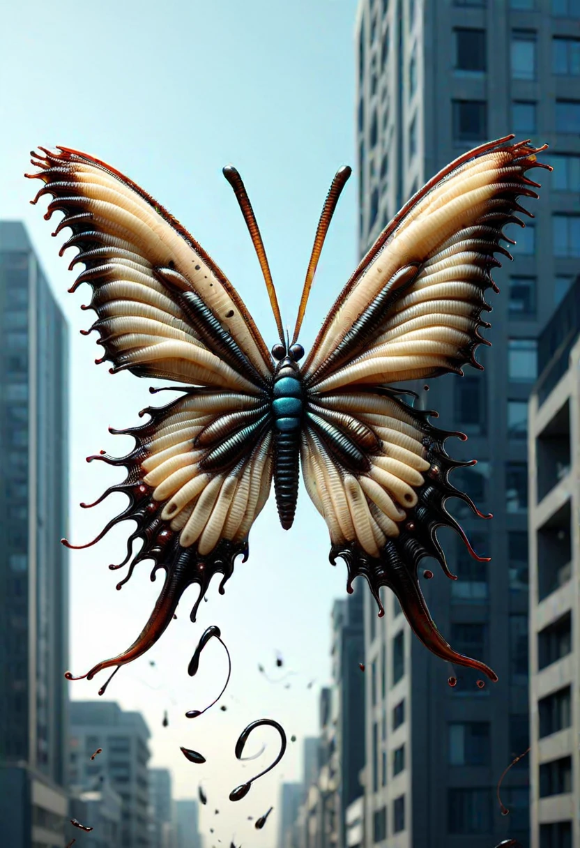 L33CH3S, a butterfly made of leeches,  flying over the city, ,Masterpiece,best quality, raw photo, realistic, very aesthetic