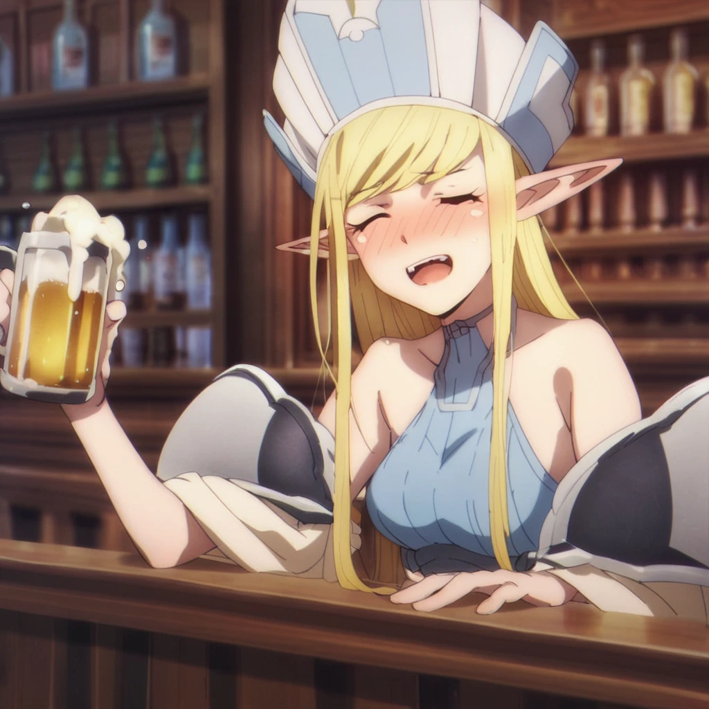 score_9, score_8_up, score_7_up, score_6_up, score_5_up, score_4_up, source_anime, , Annette, elf, blonde hair, bar, sitting, drinking beer, drunken, blushed face, open mouth, joy, hicks