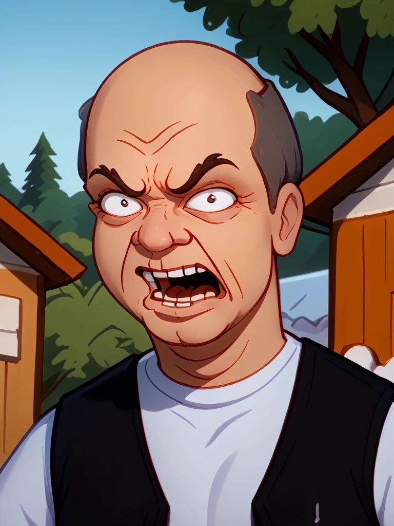 <lora:Big_Jim_-_King_of_the_Hill:1>1boy, grey hair, middle aged, white shirt, dark_orange_vest, pattern_baldness, scowl, angry, portrait, mouth open, looking passed viewer, yelling, turning to viewer, yelling at viewer, outdoors, face focus,, source_cartoon, score_9, score_8_up, score_7_up,