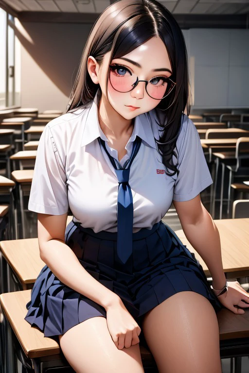 1girl,glasses,white shirt,blue skirt,neck tie , <lora:Thai_school_uniform_1.2:0.8>,