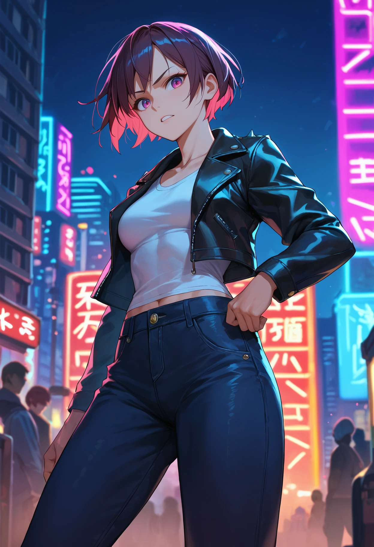 score_9_up, score_8_up, score_7_up, 1girl, urban setting, neon lights, confident stance, short hair, leather jacket, night cityscape, intense gaze, vibrant colors, dynamic pose