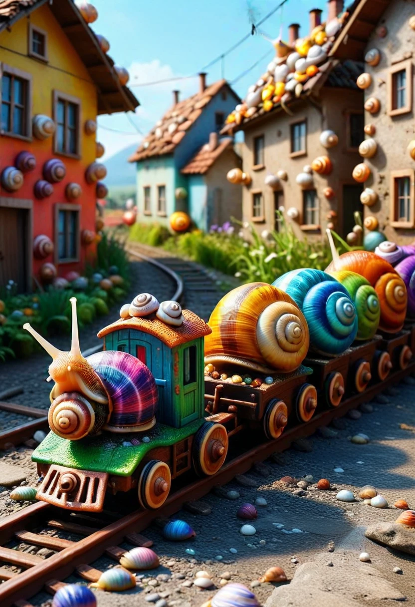 SN41LS, a train made of colorful snails,  rolling through a village, ,Masterpiece,best quality, raw photo, realistic, very aesthetic