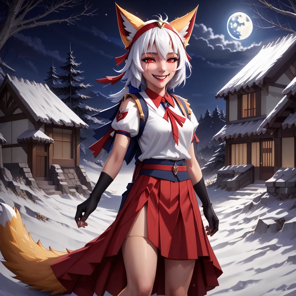 headband, blood on arm, moon, detached sleeves, school uniform, pelvic curtain, yellow eyes, lips, feet, sash, scenery, fox ears, sweat, smile, red eyes, blue skirt, white hair, headdress, sleeveless, bag, shoulder armor, night, clothing aside, snow, spikes