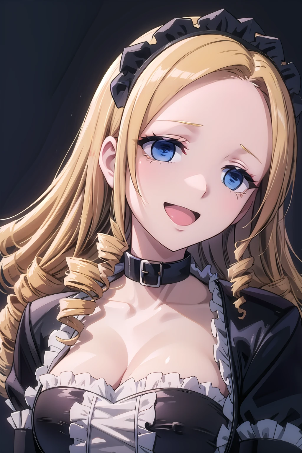 solution_Black_maid_uniform, solutionepsilon, solo, collarbone, cleavage, medium_breasts, looking_to_the_side, looking_down, open_mouth, smile, :d, head_tilt, black_maid_headdress, black_collar, puffy_short_sleeves, close-up, upper_body, portrait, dark, simple_background, black_background, <lora:Solution_Epsilon_V2:0.8>