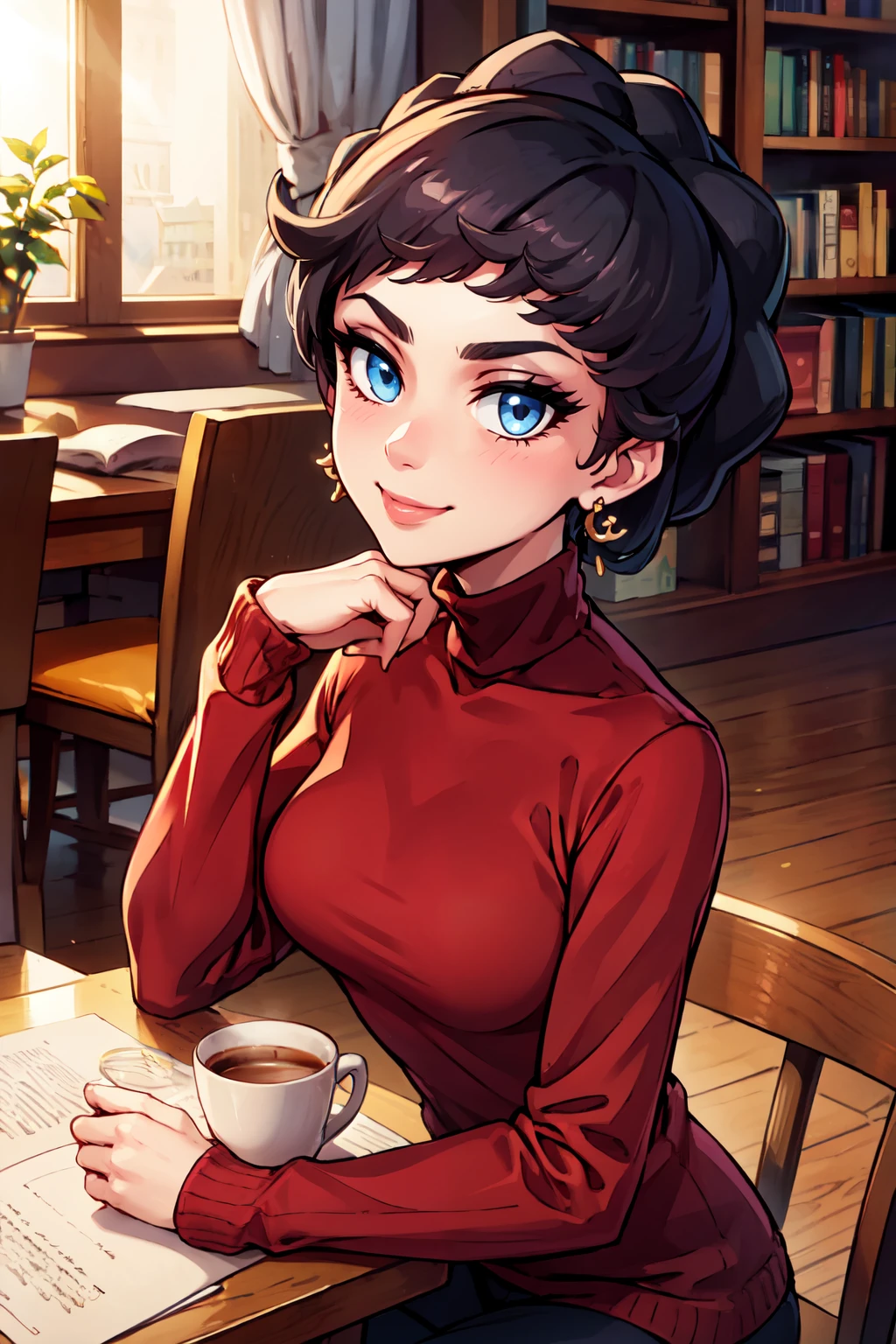 ((masterpiece,best quality)), absurdres,  BREAK, , <lora:Diantha_Pokemon:0.8>, zzDiantha, short hair, blue eyes, black hair, breasts, eyelashes, eyeshadow, bangs, , BREAK, turtleneck sweater, earrings, library, cup of coffee, sitting at table, BREAK, solo, smile, looking at viewer, cowboy shot,