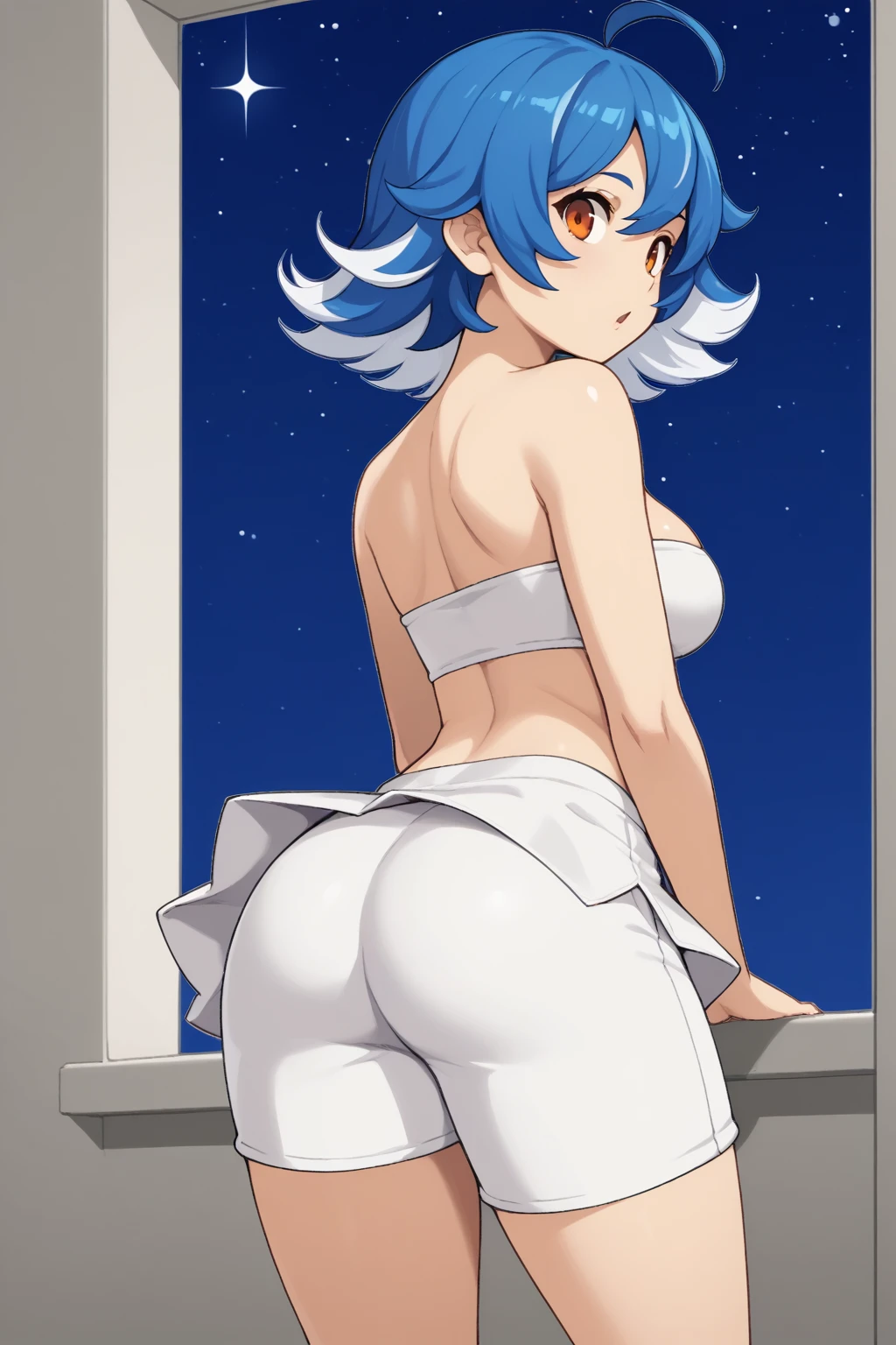 1girl, mature female, short hair, blue hair, white hair, two-tone hair, flipped hair, ahoge, orange eyes, medium breasts, tube top, white tube top, white_skirt, (microskirt:1.1), from behind, ass, white_shorts, night, star \(sky\), (open mouth:0.4),