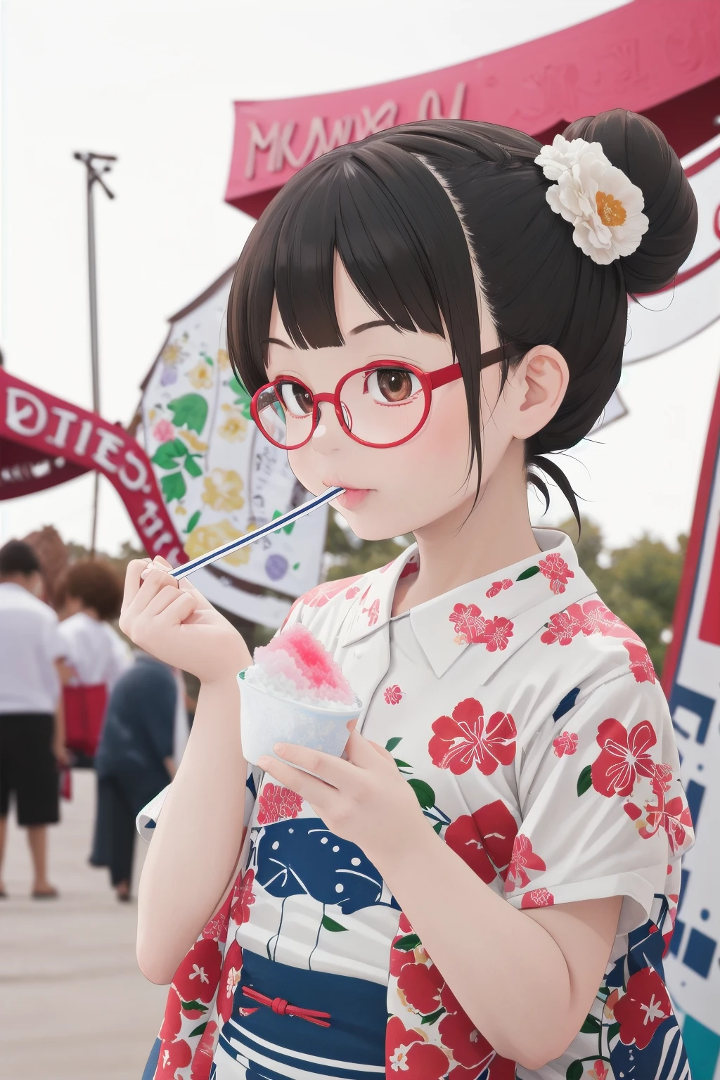 masterpiece, best quality, very aesthetic, absurdres,
1girl, solo, glasses, black hair, short hair, hair bun, hair ornament, yukata, floral print, 
holding spoon, holding, holding food, kakikoori_red, shaved ice, food, spoon, outdoors, blurry background, 
<lora:kakikoori_SD15_V2:1>