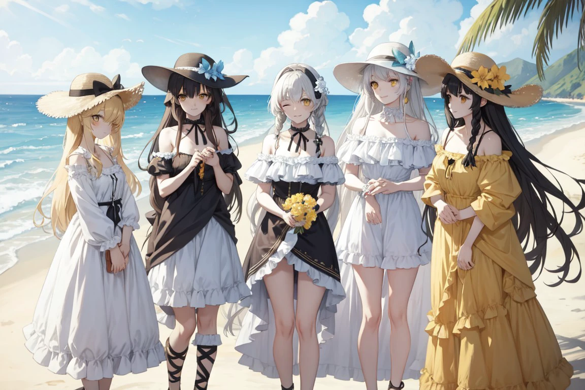 beachparty, yellow eyes, very long hair, one eye closed, frills, hat, flower, ribbon, standing, braid, jewelry