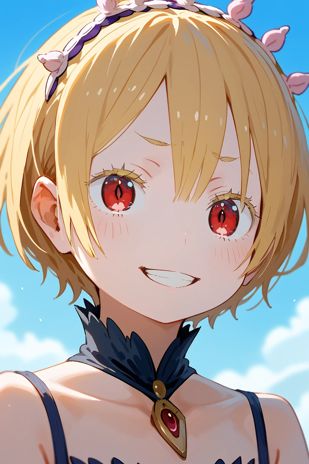 <lora:Felt_ReZero:1>, re:zero, felt, blonde hair, red eyes, face, upper body, chest, facing viewer, blue sky, depth of field, smile, (score_9,score_8_up,score_7_up)