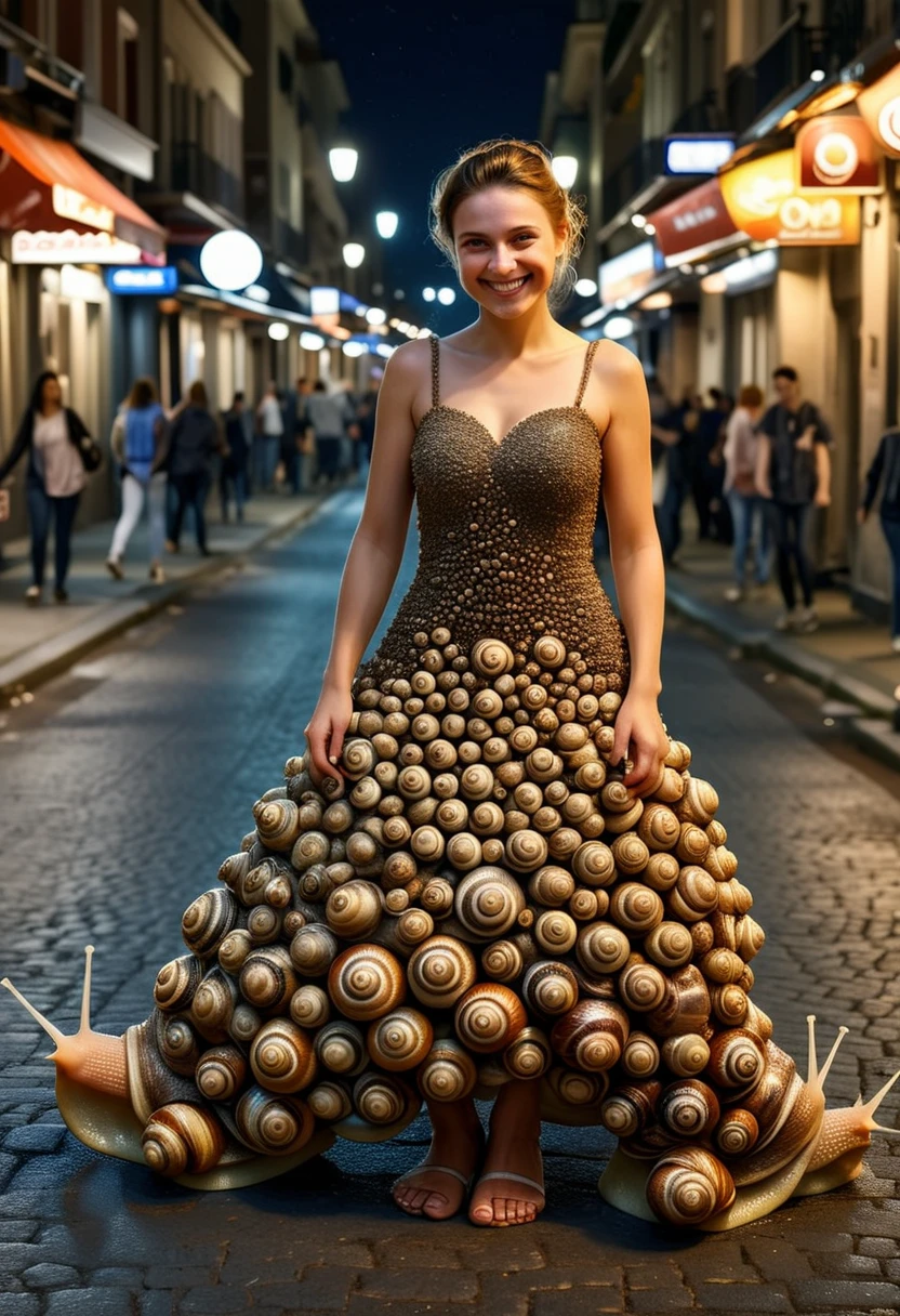 SN41LS, a woman wearing a dress made of snails,  woman smiling, set in the street at night, city, ,Masterpiece,best quality, raw photo, realistic, very aesthetic