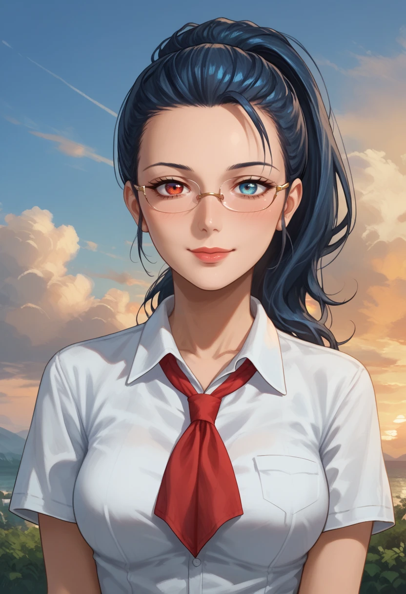 score_9, score_8_up, score_7_up,
best quality, masterpiece, ultra detailed,
<lora:Expressive_H:1>, 28 years old, mature, 
light smile, blush, lips, nose, glasses, 
looking at viewer, portrait,
<lora:Everlasting_Summer_Viola:0.7>, viola, ponytail hair, heterochromia eyes, left eye red, blue eye blue, blue eyes, heterochromia, ponytail, red eyes, black hair, blue hair, medium breasts, milf woman solo, 
white collared shirt, short sleeves, red neckerchief, neckerchief,
outdoors, sunset, clouds, sky,
amazing background,