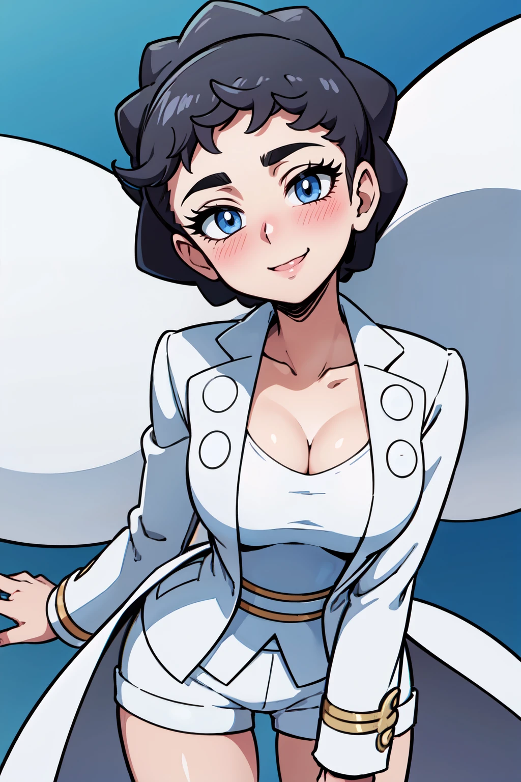 ((masterpiece,best quality)), absurdres,  BREAK, , <lora:Diantha_Pokemon:0.8>, zzDiantha, short hair, blue eyes, black hair, breasts, eyelashes, eyeshadow, bangs, white coat, open coat, white shirt, collarbone, white shorts, , BREAK, leaning forward, head tilt, blush,, BREAK, solo, smile, looking at viewer, cowboy shot,