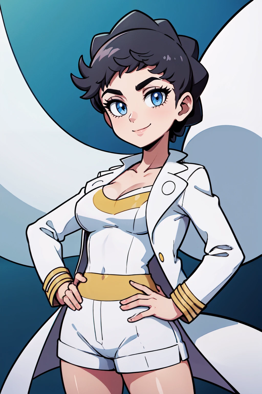 ((masterpiece,best quality)), absurdres,  BREAK, , <lora:Diantha_Pokemon:0.8>, zzDiantha, short hair, blue eyes, black hair, breasts, eyelashes, eyeshadow, bangs, white coat, open coat, white shirt, collarbone, white shorts, , BREAK, hip to the side, hand on hip, contrapposto,, BREAK, solo, smile, looking at viewer, cowboy shot,