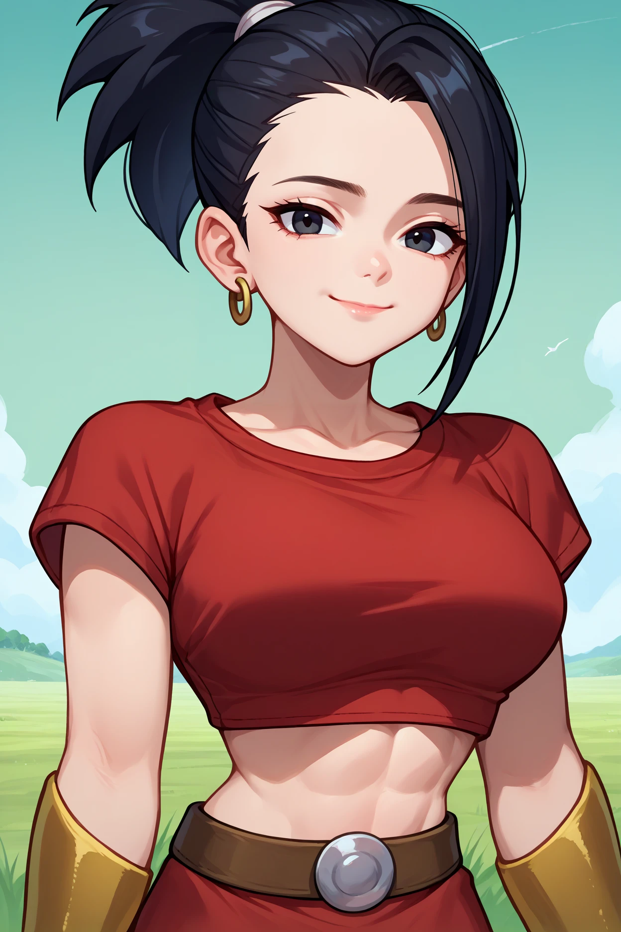 score_9, score_8_up, score_7_up, score_6_up, source_anime, 1girl, solo,  <lora:kale-pdxl-nvwls-v1-000007:1> defKal, black hair, black eyes, ponytail, earrings, red crop top, bracer, red skirt, belt, shorts under skirt, big breasts, looking at you, green sky, field, midriff, upper body, smile, closed mouth, light smile