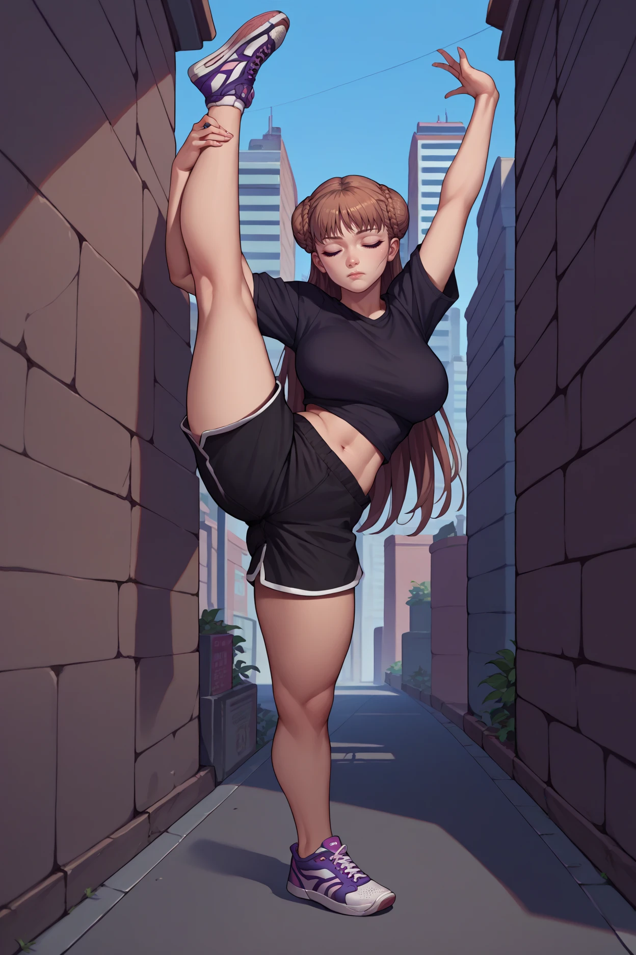 score_9, score_8_up, score_7_up, score_6_up, source_anime, 1girl, solo,  <lora:noelma-pdxl-nvwls-v1-000005:1> noelma, brown hair, long hair, purple eyes, double bun, big breasts, black shirt, midriff, black shorts, sneakers, standing split, closed eyes, wall, city