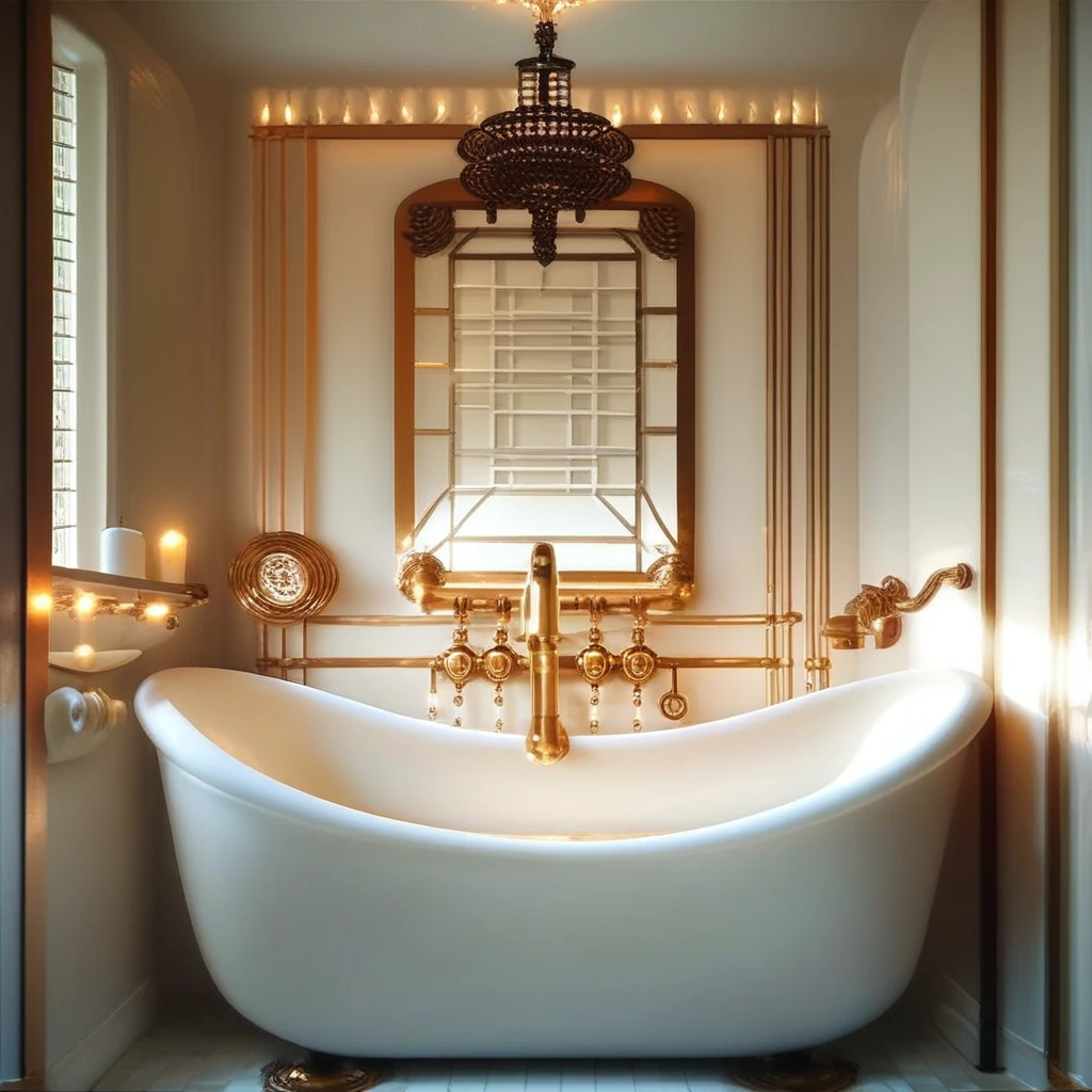 END_ArtDeco_Inspo, a bathroom with a tub and a chandelier, Art deco style, 1920s architecture BREAK score_9, score_8_up, score_7_up, score_6_up,