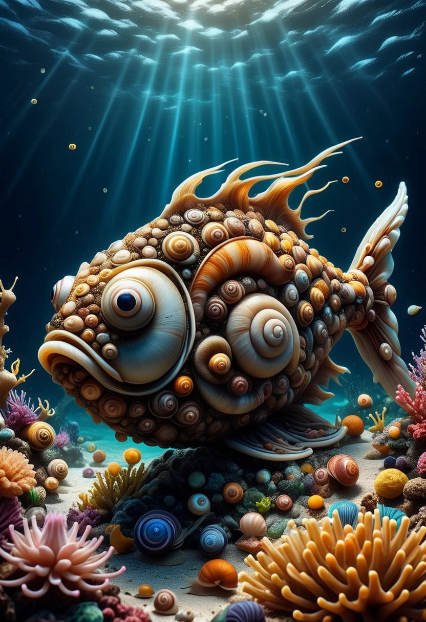 SN41LS, a fish made of snails,  swimming in the ocean, set in the ocean, with diverse marine life, glowing flora, serene ambiance, magical light, ,Masterpiece,best quality, raw photo, realistic, very aesthetic