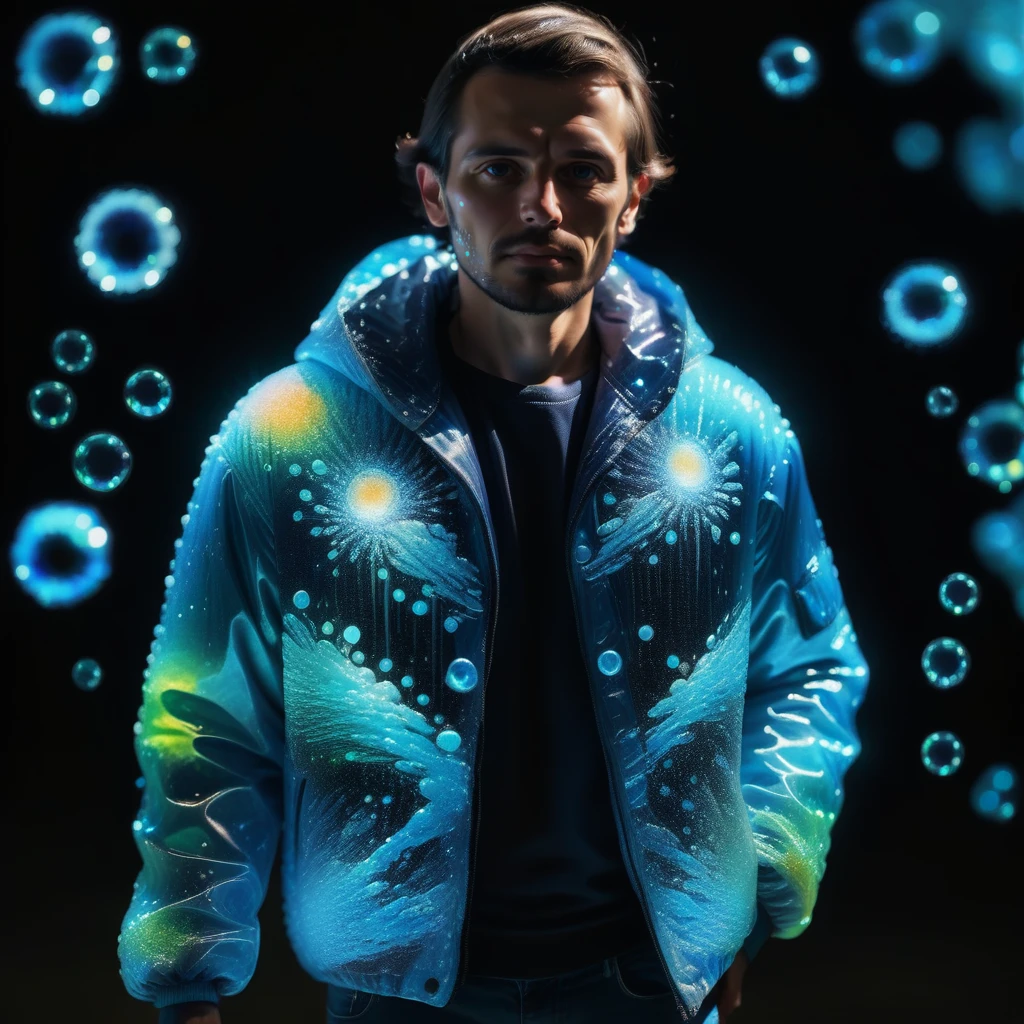 a man wearing a jacket made out of Jed-Bwtrspkl,  <lora:BioWaterSparkleStyle:1>