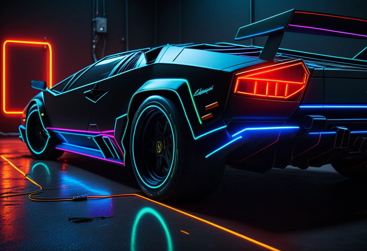 D_Ewir3s , Dark electric neon wires,
dark cyberpunk art of a lamborghini countach, ass end