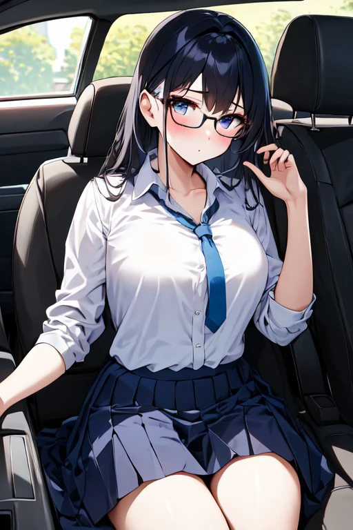 1girl,glasses,white shirt,blue skirt,neck tie ,
(Inside car, on backseat,<lora:Thai_school_uniform_1.2:0.8>,