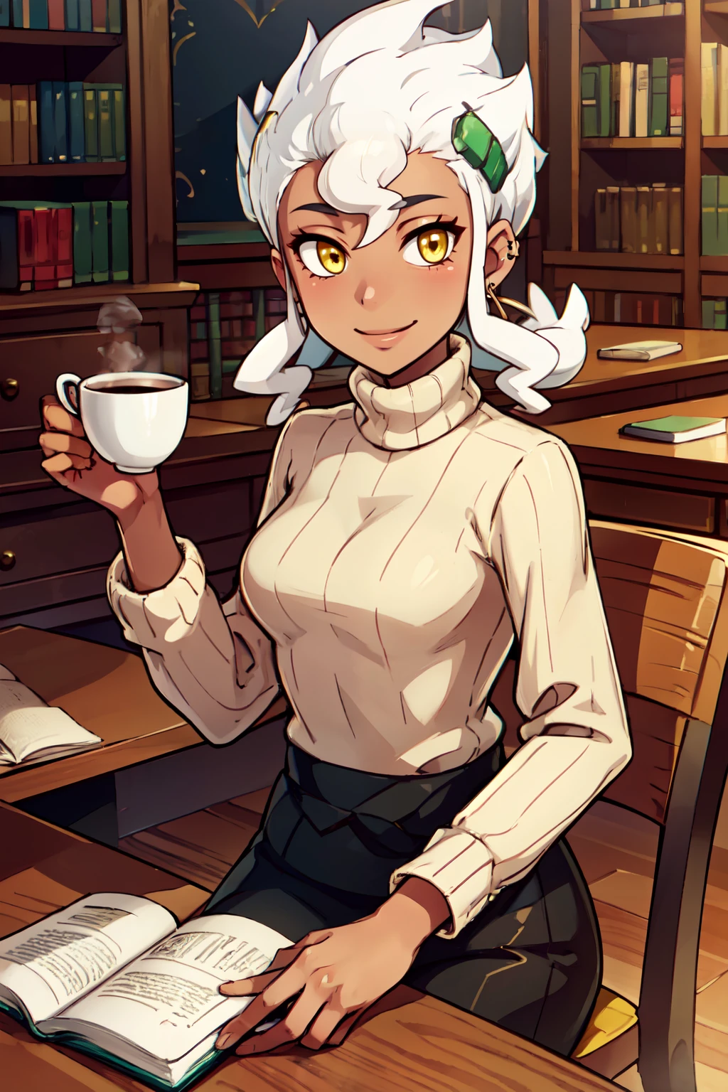 ((masterpiece,best quality)), absurdres,  BREAK, , <lora:Burnet_Pokemon:0.8>, zzBurnet, white hair, dark skin, yellow eyes, long hair, , BREAK, turtleneck sweater, earrings, library, cup of coffee, sitting at table, BREAK, solo, smile, looking at viewer, cowboy shot,