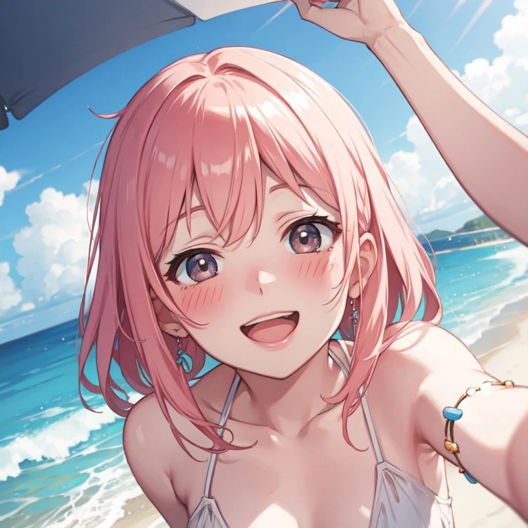 beachparty, POV, looking at viewer, blush, smile, open mouth, upper teeth only