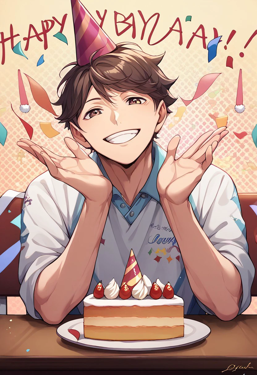 score_9, score_8_up, score_7_up, source_anime, rating_safe, confetti, Oikaikyu, 1boy, male focus, casual clothes, party hat, smiling, upper body, clapping, hands with five fingers, happy birthday, cake on table, simple patterned background, cute wallpaper,