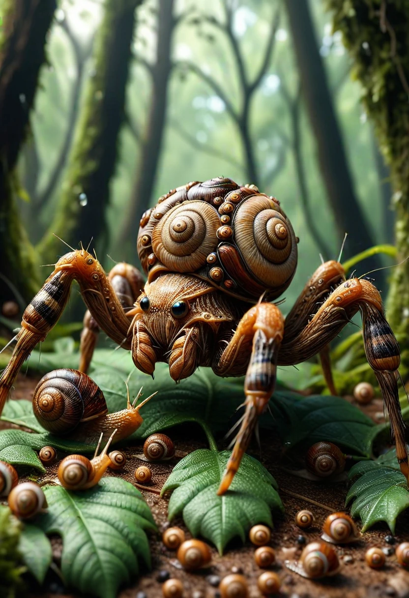 SN41LS, a spider made of snails,  set in a forest, ,Masterpiece,best quality, raw photo, realistic, very aesthetic