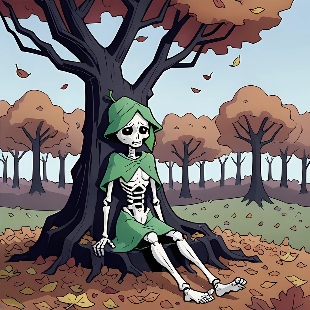 s_darkcore style, skeleton girl, sitting in cemetery, autumn, sad scene, tree, leafless