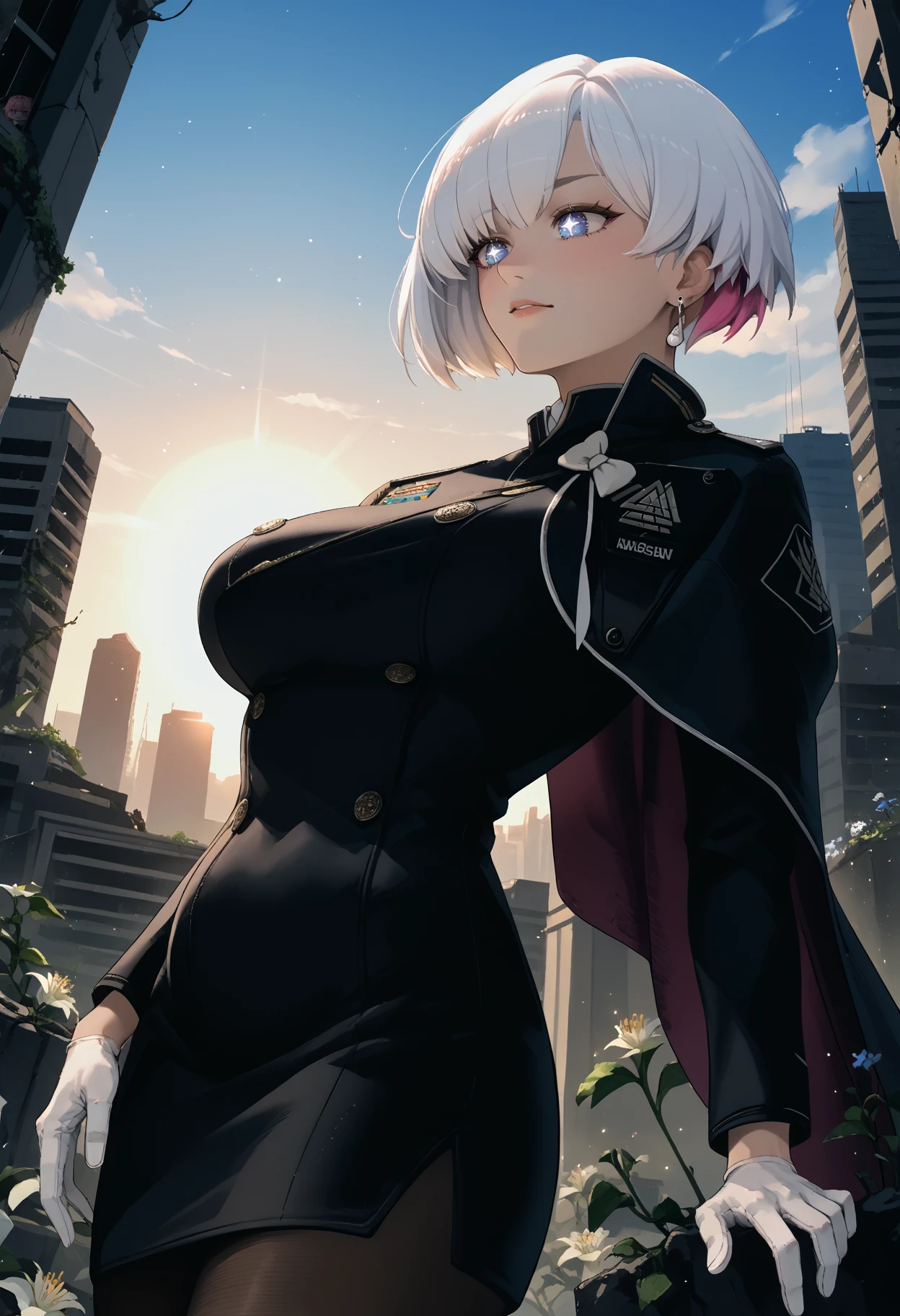 <lora:liliweiss_nikke_xypher_pdxl_v1:1> score_9, score_8_up , score_7_up BREAK source_anime, liliweissx, white hair, short hair, colored inner hair,  blue eyes, symbol-shaped pupils, earrings, (large breasts:0.8), military uniform, long sleeves, black dress, pencil skirt, side cape, white bow, black pantyhose, [white gloves:4], wide hips, soft particles, backlighting, post-apocalypse, city, nature, moss, [vines, garden, lily \(flower\):0.4], building, building, rubble, scenery, from below, from side, dutch angle, wind, lens flare