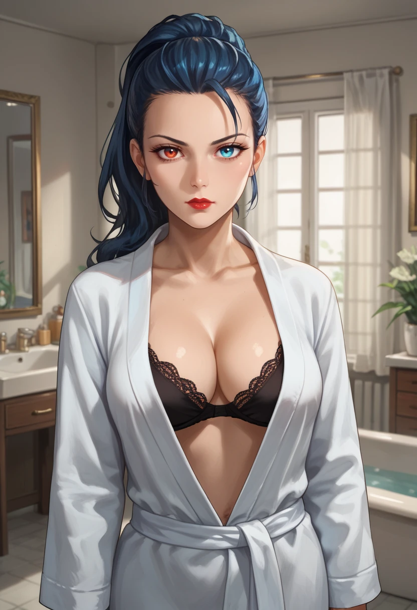 score_9, score_8_up, score_7_up,
best quality, masterpiece, ultra detailed,
<lora:Expressive_H:1>, 28 years old, mature, 
looking at viewer, 
<lora:Everlasting_Summer_Viola:0.7>, viola, ponytail hair, heterochromia eyes, left eye red, blue eye blue, blue eyes, heterochromia, ponytail, red eyes, black hair, blue hair, medium breasts, milf woman solo, 
 cute, cleavage, bath robe, black bra, sexy expression, lipstick, pout, looking at viewer, room, dramatic lighting, pretty girl, close up, mirror,
amazing background,
