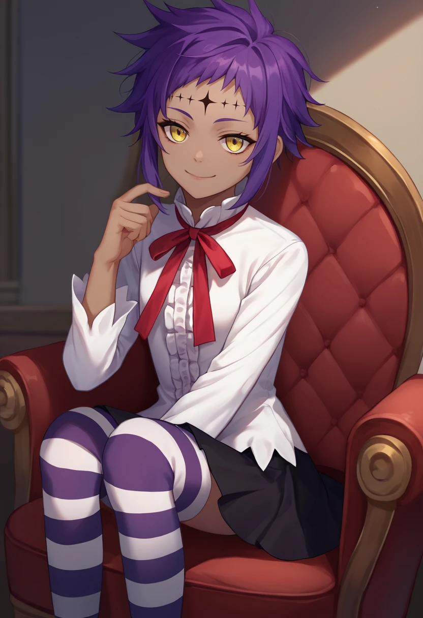 score_9, score_8_up, score_7_up, source_anime, solo, 1girl, roadkamelot, dark skin, facial mark, smile, looking at viewer, sitting, chair, purple hair, yellow eyes, frills, white shirt, frilled shirt, neck ribbon, red ribbon, long sleeves, black skirt, striped thighhighs, indoors <lora:dgrayman_kamelot_ponyXL:1>