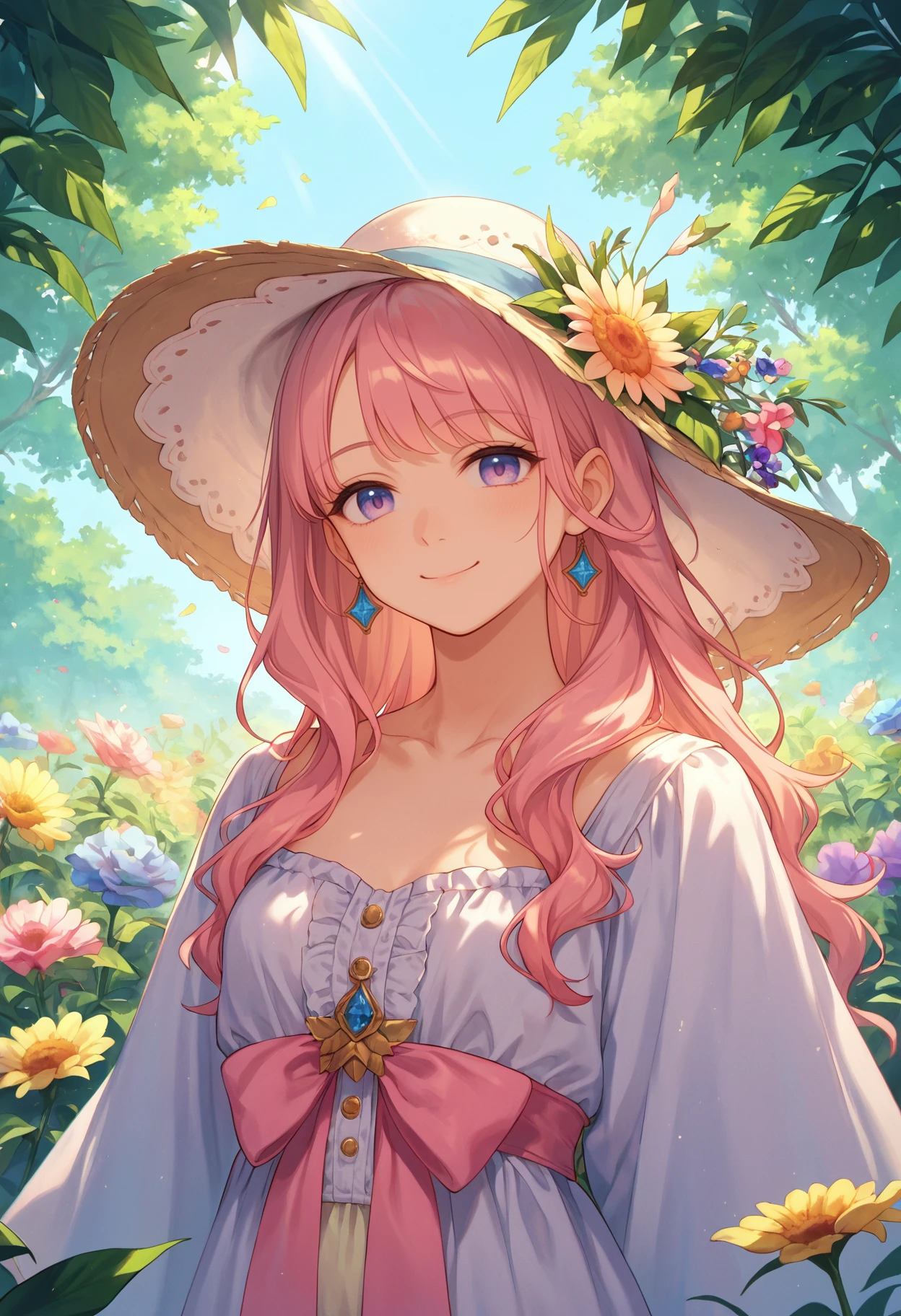 score_9_up, score_8_up, score_7_up, 1girl, vintage attire, sunlit meadow, wide-brim hat, warm smile, wildflowers, soft pastel colors, relaxed pose, nostalgic feel, gentle sunlight