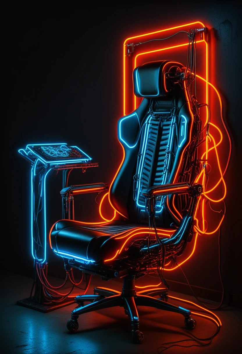 D_Ewir3s , Dark electric neon wires,
dark cyberpunk art, mechanical tech chair, 