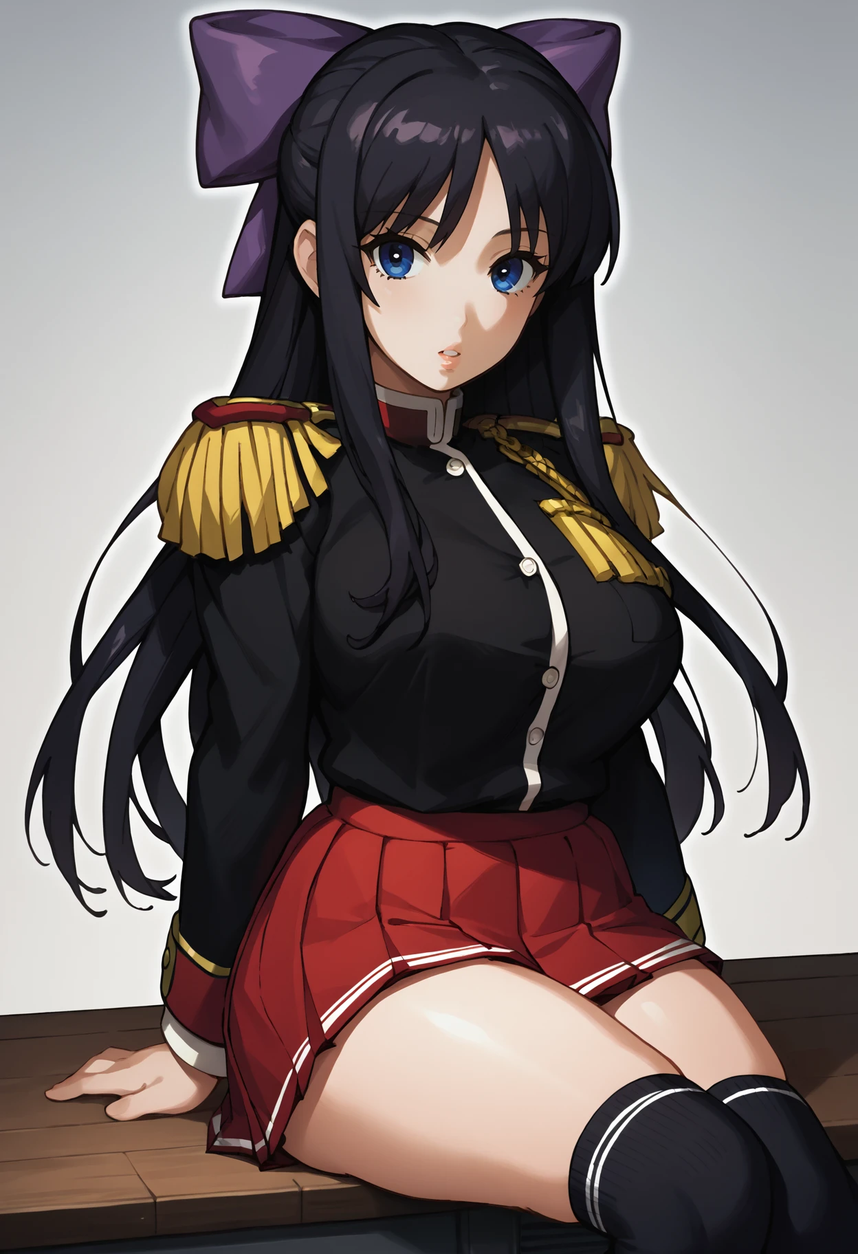 score_9, score_8_up, score_7_up, source_anime BREAK 1girl, solo, <lora:akaneryuuzouji-wr-richy-v1_pdxl:1> knrzj, blue eyes, black hair, long hair, hair bow, large breasts, school uniform, epaulettes, black shirt, long sleeves, red skirt, thighs, knee highs, looking at viewer, parted lips