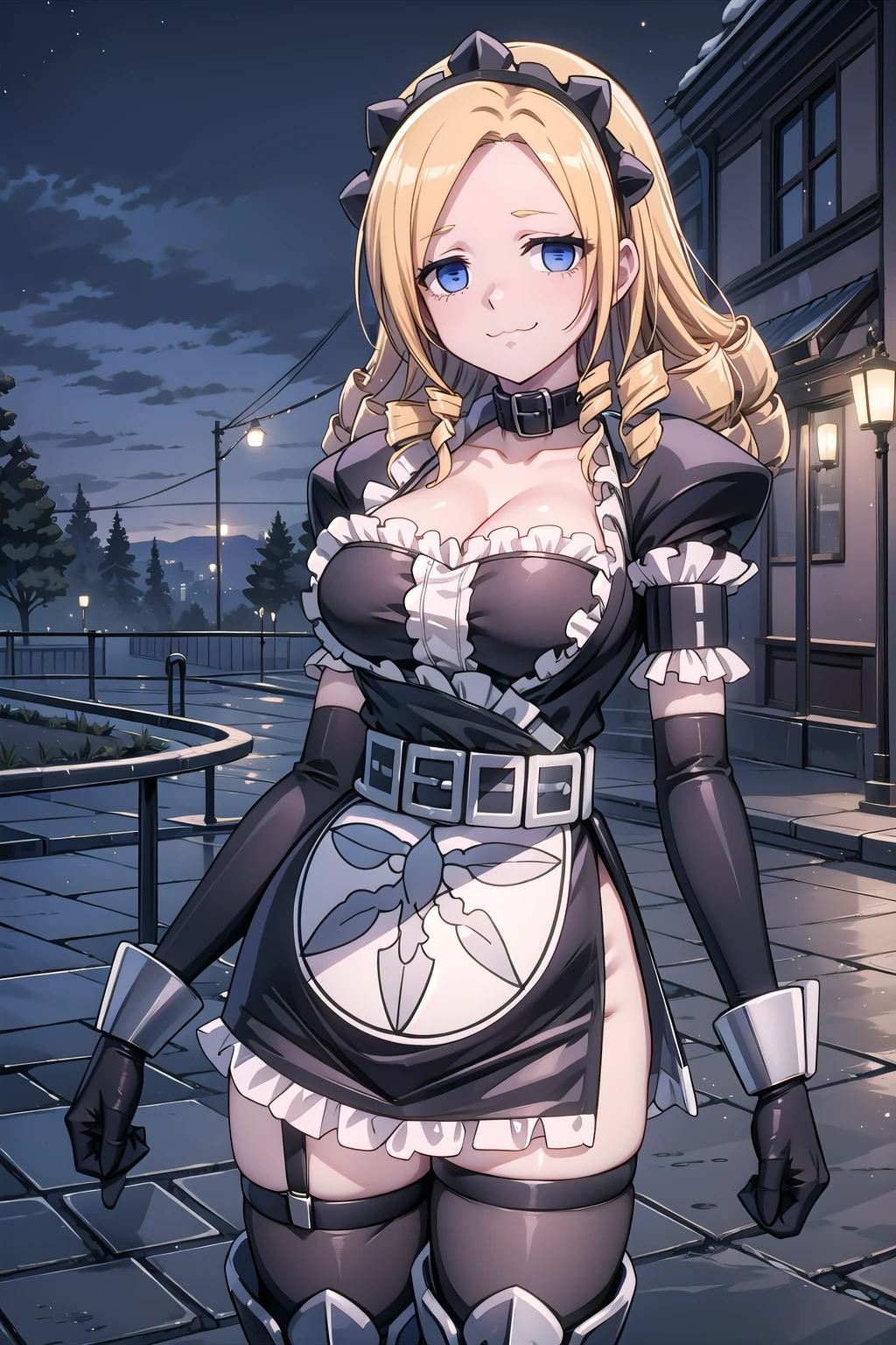 solution_Black_maid_uniform, solutionepsilon, solo, looking_at_viewer, collarbone, cleavage, large_breasts, closed_mouth, :3, smile, black_maid_headdress, black_collar, puffy_short_sleeves, elbow_gloves, black_gloves, wrist_cuffs, belt, white_maid_apron, print_maid_apron, frilled_skirt, black_miniskirt, black_thighhighs, zettai_ryouiki, side_slit, greaves, armored_boots, thigh_boots, own_hands_together, v_arms, standing, outdoors, <lora:Solution_Epsilon_V2:0.8>