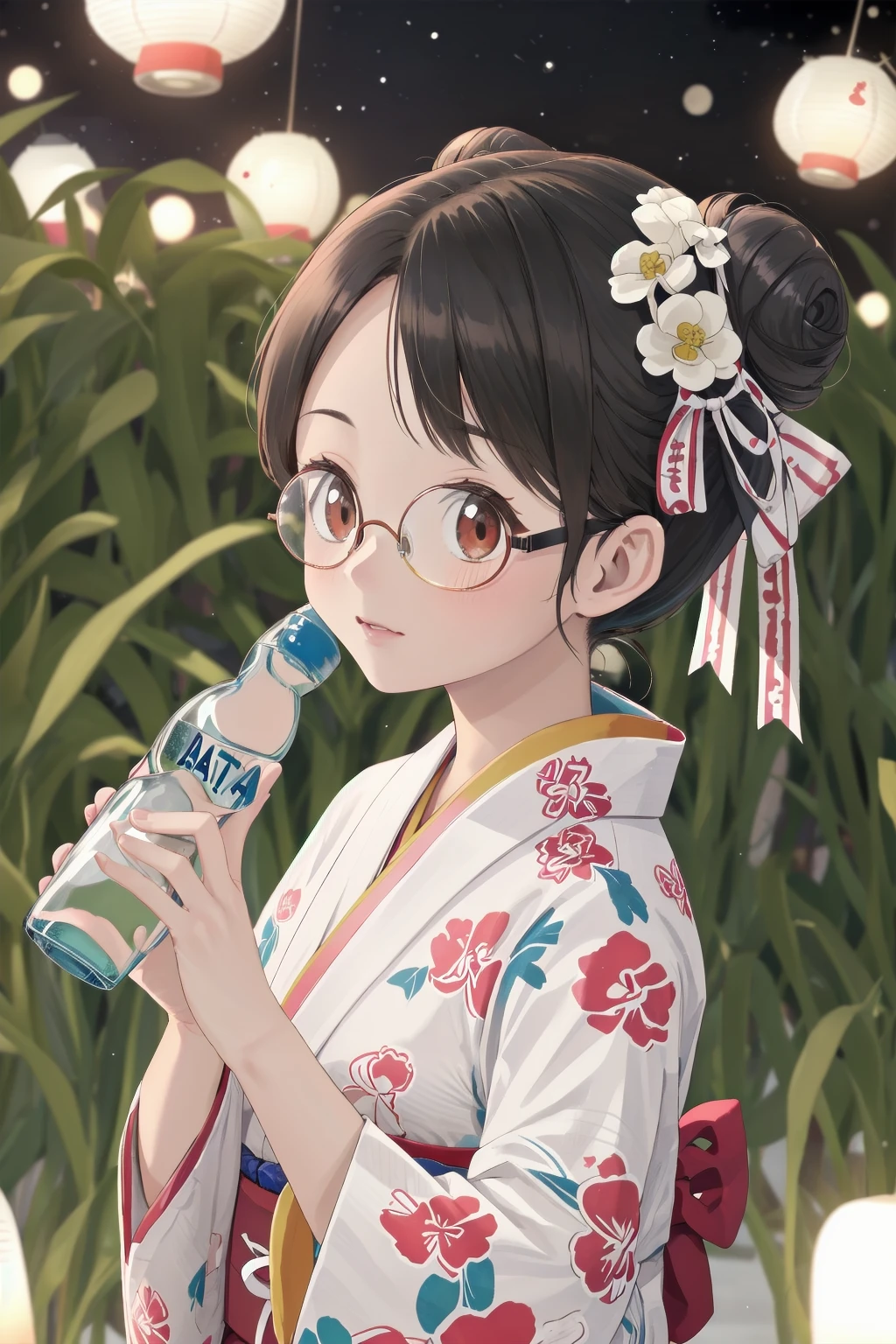 masterpiece, best quality, very aesthetic, absurdres,
ramune, food, 1girl, solo, glasses, black hair, bottle, holding, upper body, holding bottle, yukata, uchiwa, hair bun, hair flower, night, paper lantern, summer, depth of field, blurry background, 
 <lora:ramune_SD15_V1:1>