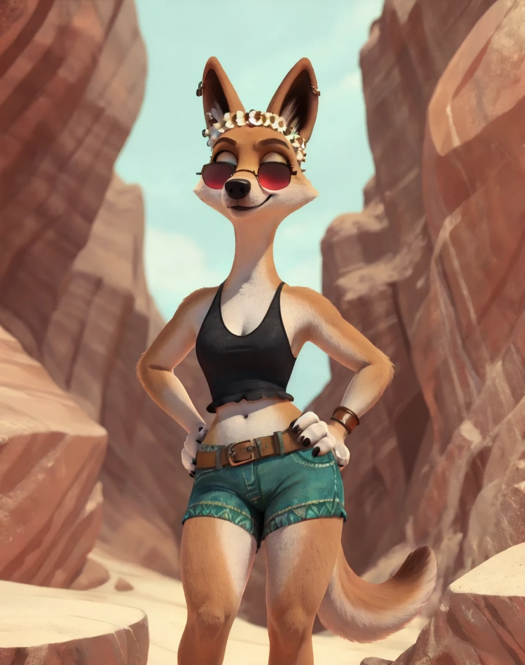 <lora:Sheila:0.7>, sheila, dingo, sunglasses, looking at viewer, full body, head wreath, tail, cartoon:1.2, jewlery, tall:1.2
<lora:add_detail - detail tweaker:-0.25>, canyon, <lora:add_brightness:1>