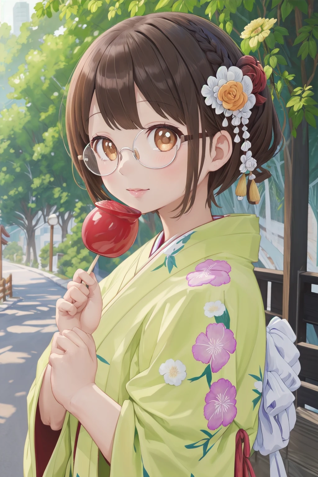 masterpiece, best quality, very aesthetic, absurdres, glasses,
ringoame, 1girl, food, brown hair,  japanese clothes, kimono, candy apple, hair ornament, looking at viewer, hair flower, brown eyes, flower, holding food, upper body, holding, short hair,  outdoors, bangs
<lora:ringoame_SD15_V1:0.8>