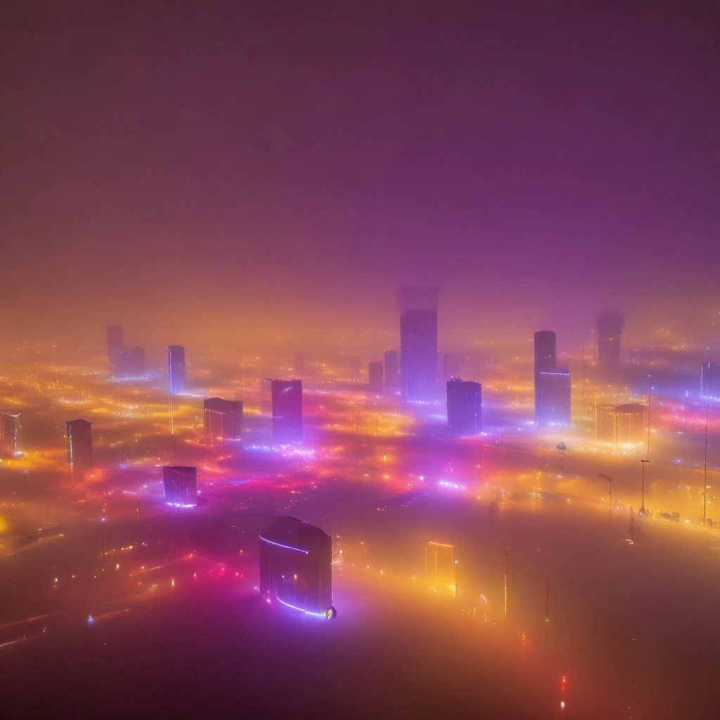 colorful cityscape on a foggy night