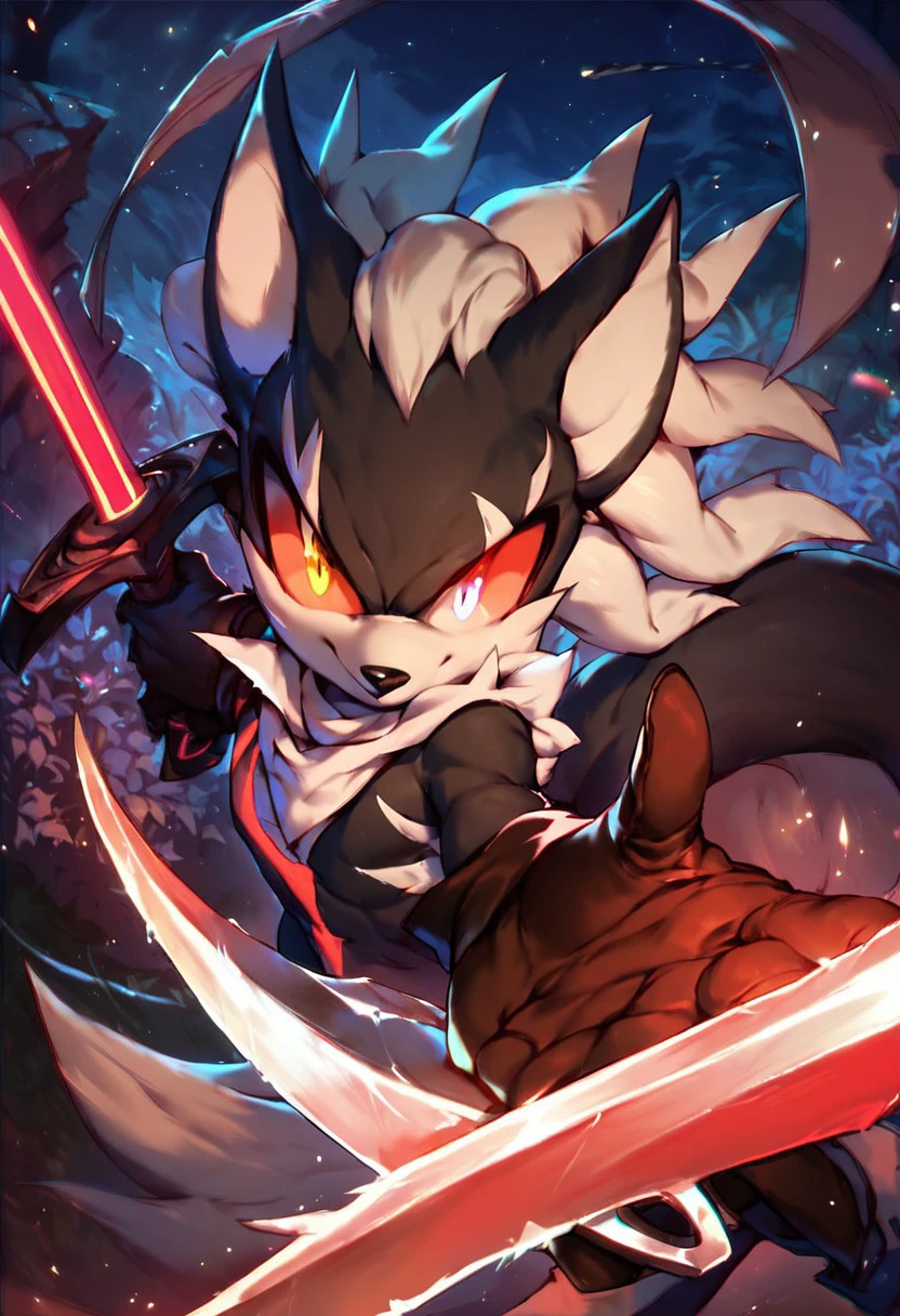 score_9, score_8_up, score_7_up, score_6_up, Zero the jackal, tail, heterochromia, gloves, boost, male, solo, looking at viewer, ally way, night, glowing eyes, sword, holding weapon