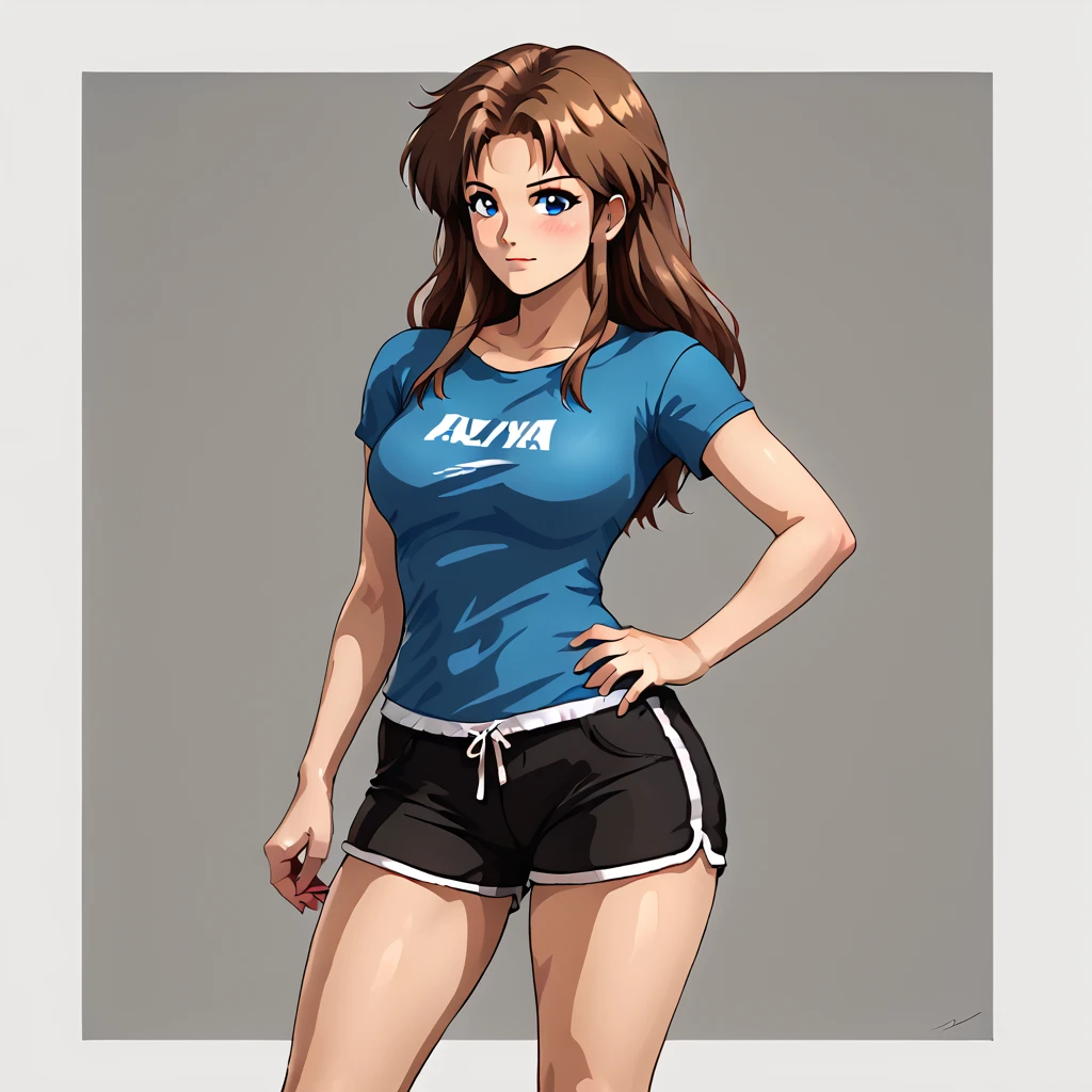 woman standing,  Alys Brangwin, dynamic shot, curvy, shorts, t-shirt, solo, 1girl, brown hair, blue eyes, illustration,  <lora:Alys_Brangwin-000007:1>