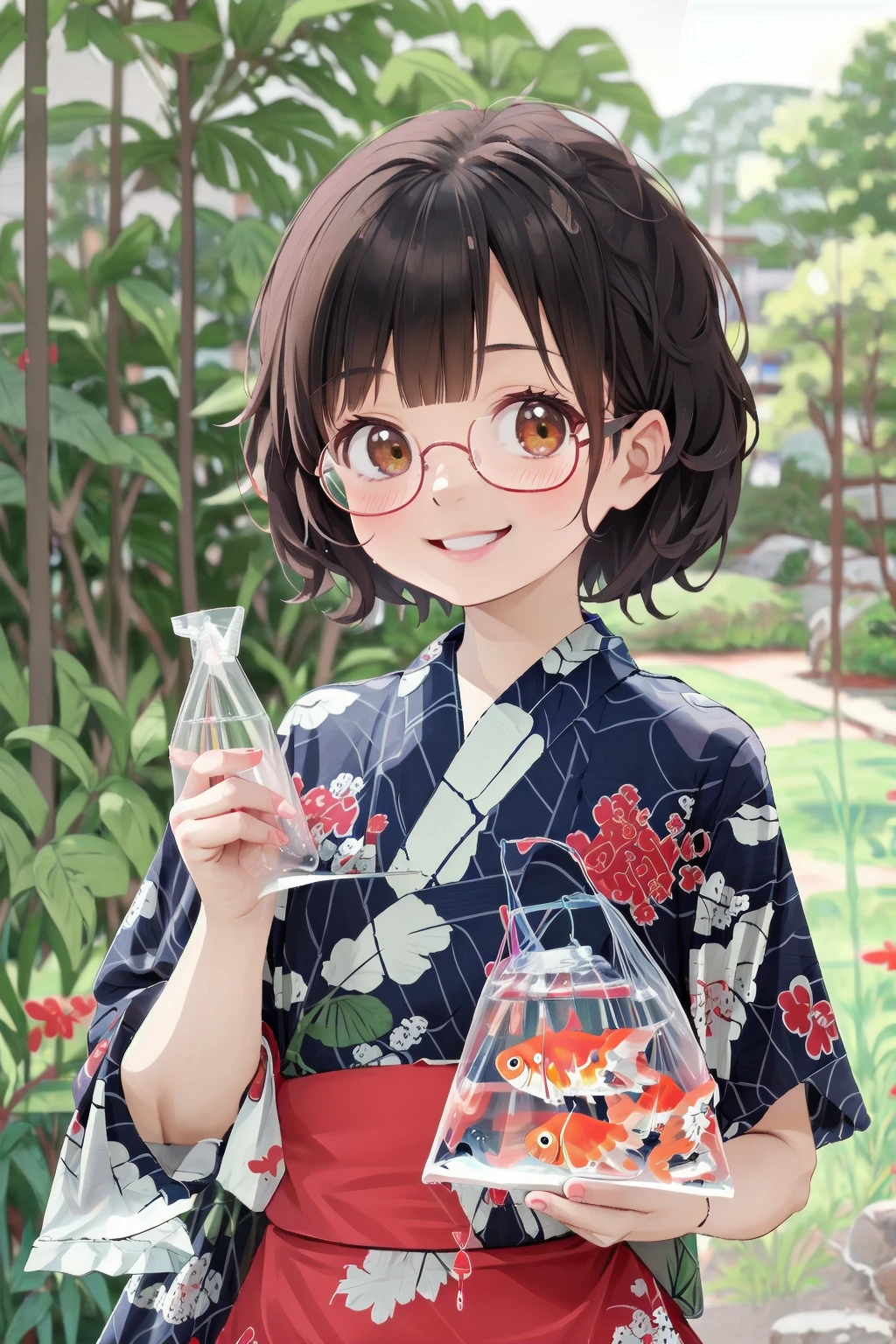 masterpiece, best quality, very aesthetic, absurdres,
kingyofukuro, bagged fish, goldfish, smile, fish,
1girl, solo, glasses, smile, yukata, short hair, looking at viewer, black hair, blurry background, upper body, uchiwa, Water balloon, uchiwa, bangs,
<lora:kingyo_fukuuro_SD15_V1:1>