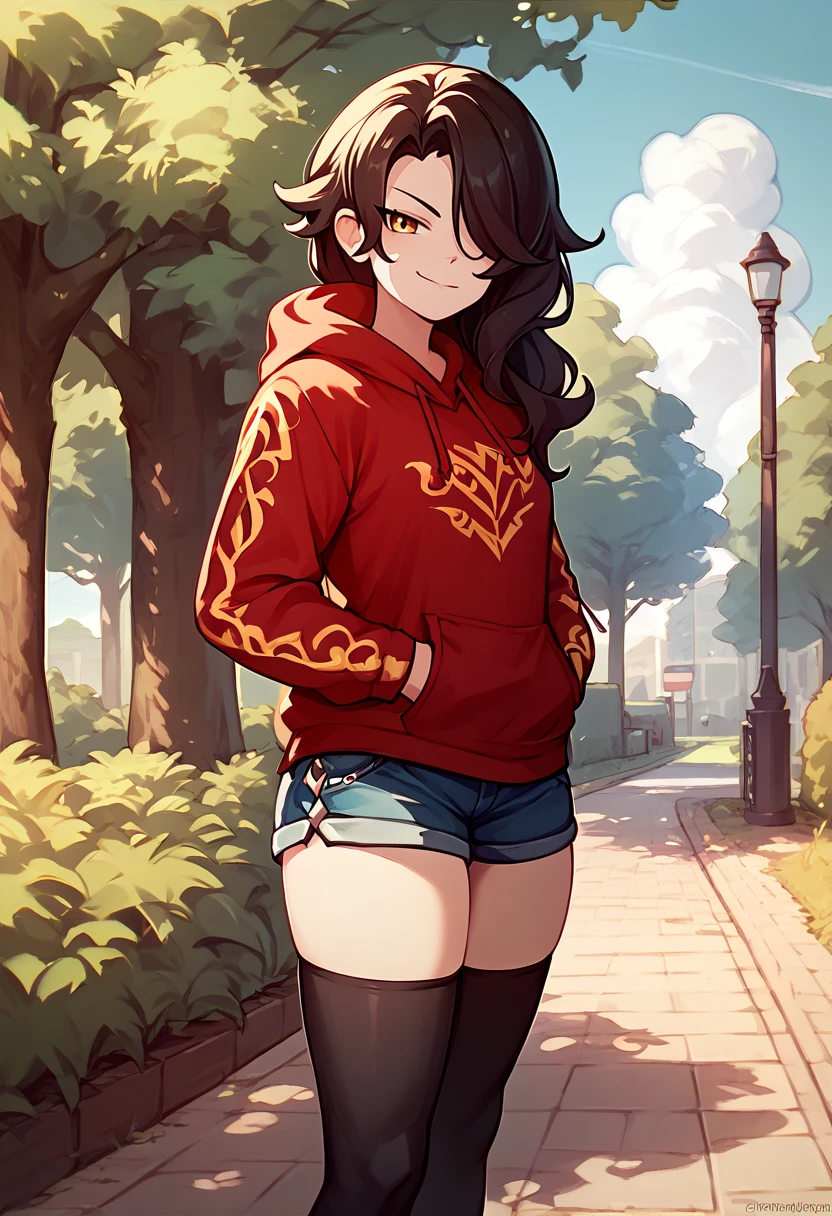 score_9, score_8_up, score_7_up, solo, 1girl, cindervale, smug, looking at viewer, hair over one eye, standing, hands in pockets, red hoodie, blue shorts, denim shorts, black thighhighs, outdoors, park <lora:rwby_cinderfall_ponyXL-VALE:1>