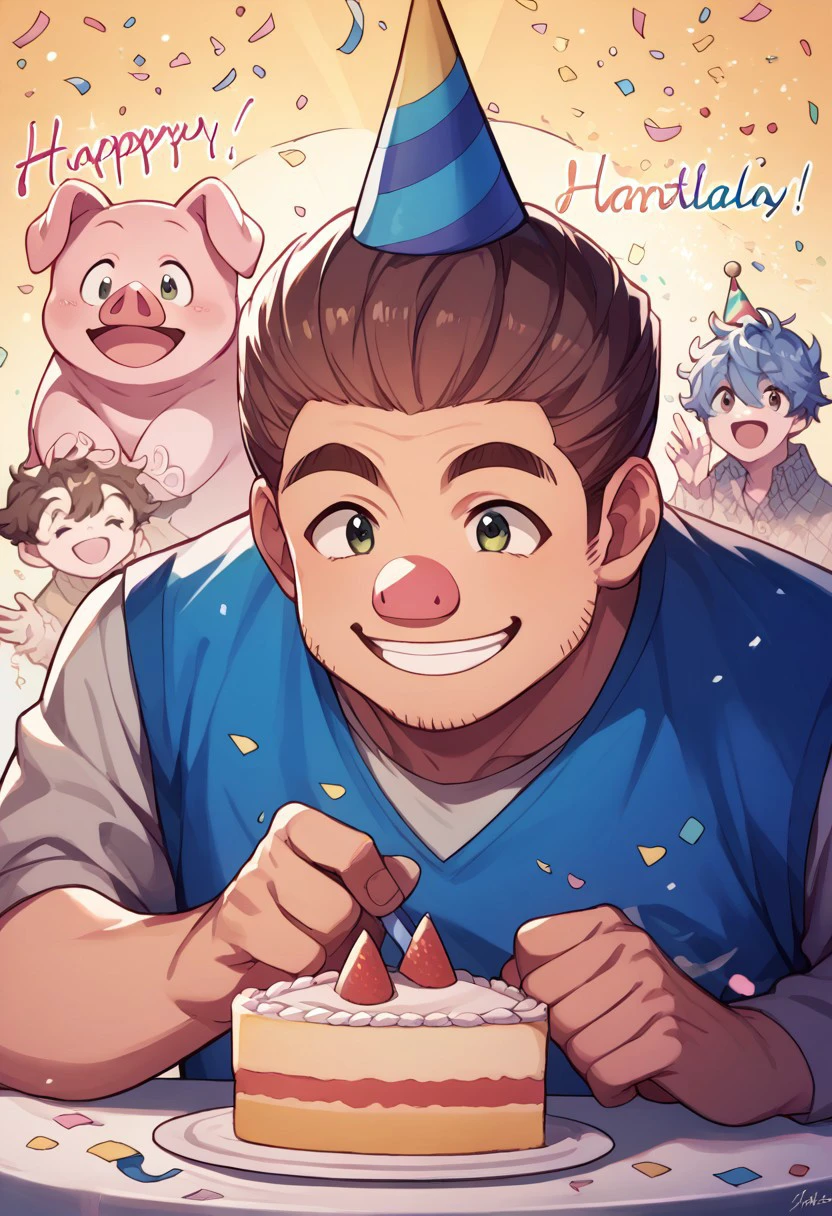 score_9, score_8_up, score_7_up, source_anime, rating_safe, confetti, Tonunter, 1boy, male focus, casual clothes, party hat, smiling, upper body, clapping, hands with five fingers, happy birthday, cake on table, big roasted pig, simple patterned background, cute wallpaper,